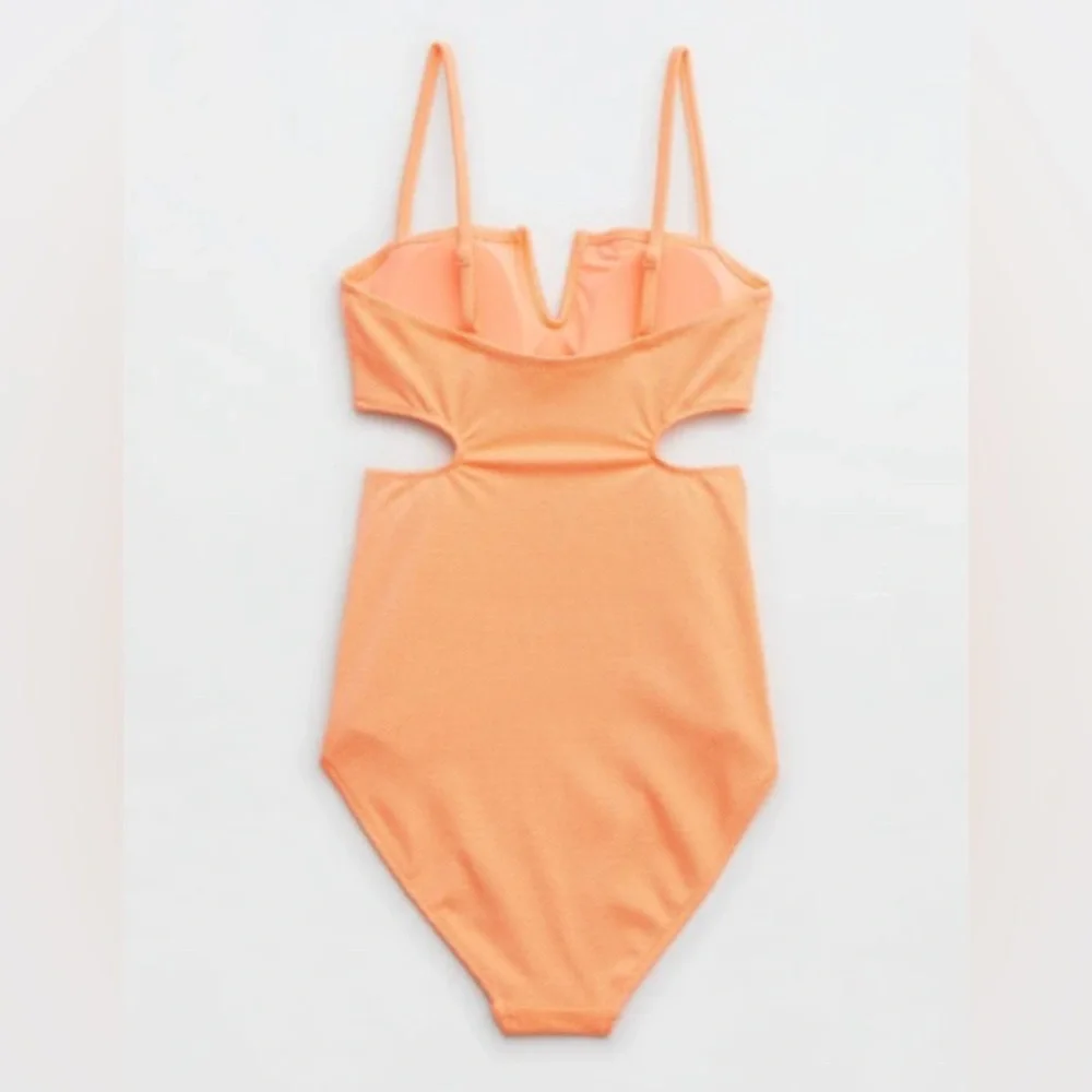 NWT Aerie Shine Pique V Wire Cut Out One Piece Swimsuit - Picture 2 of 6